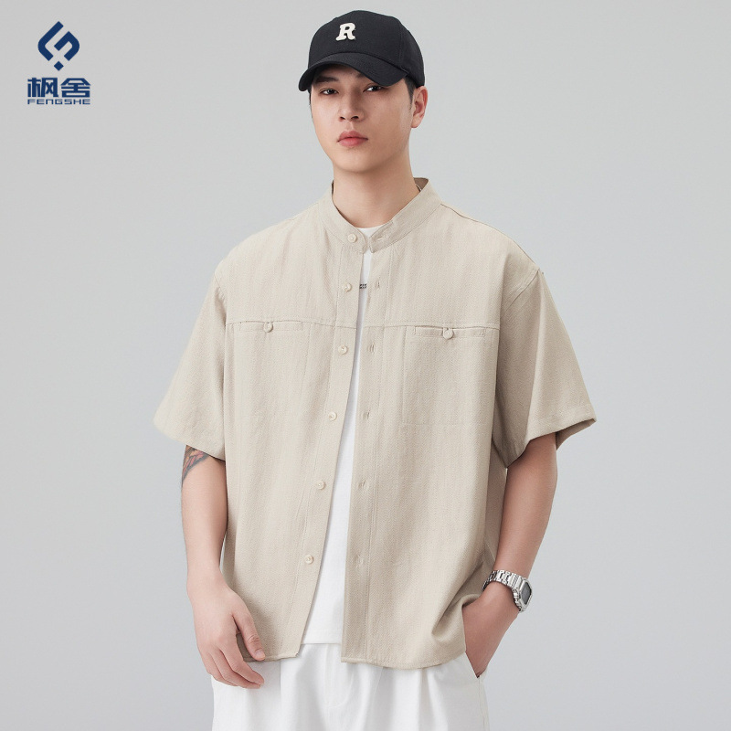 Fengshe Men's Clothing / Linen Short-Sleeve Shirt for Men 2026 Summer New Stand Collar Japanese Retro Casual Shirt