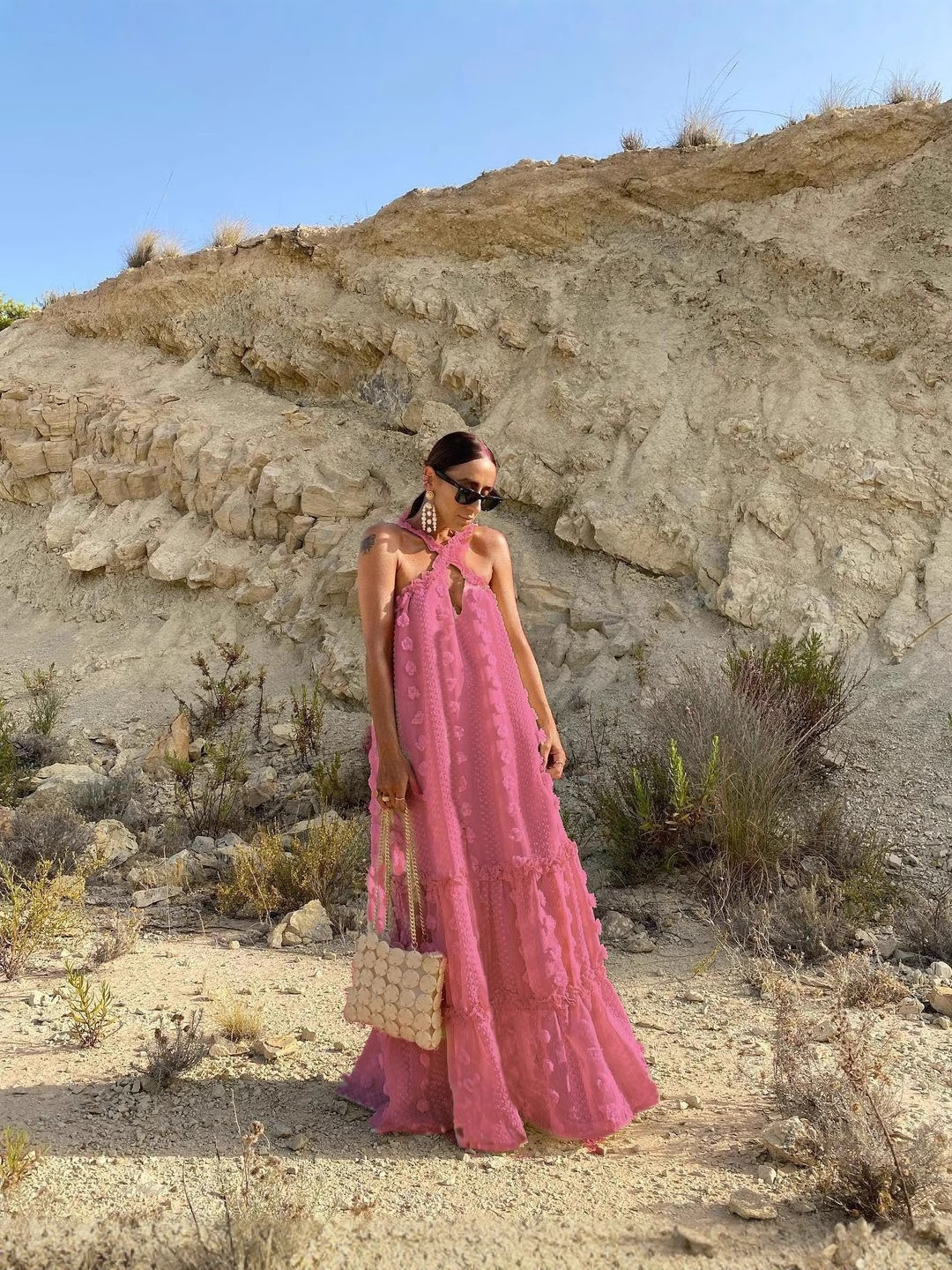 Amazon nouvelle mode transfrontalière européenne et américaine col licou fleur tridimensionnelle jupe ample robe de gâteau décontractée longueur au sol