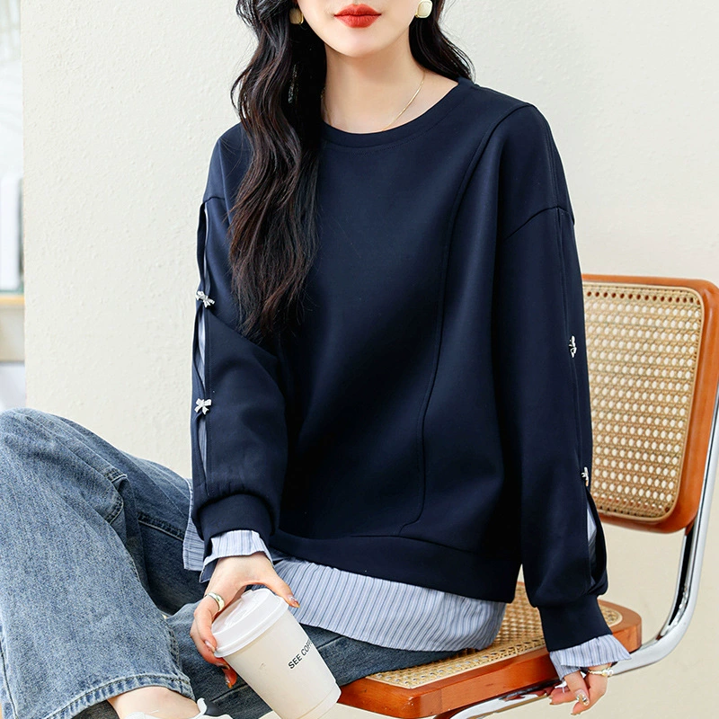 Поддельные две толстовки женский утром осенью 2024 новый европейский толстый мм свободный большой размер полосатый пиджак