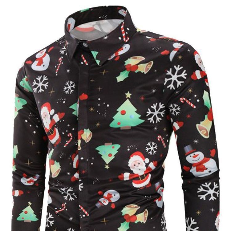 Chemise imprimée Père Noël à manches longues pour homme, style décontracté et polyvalent, 2024_voghion.com