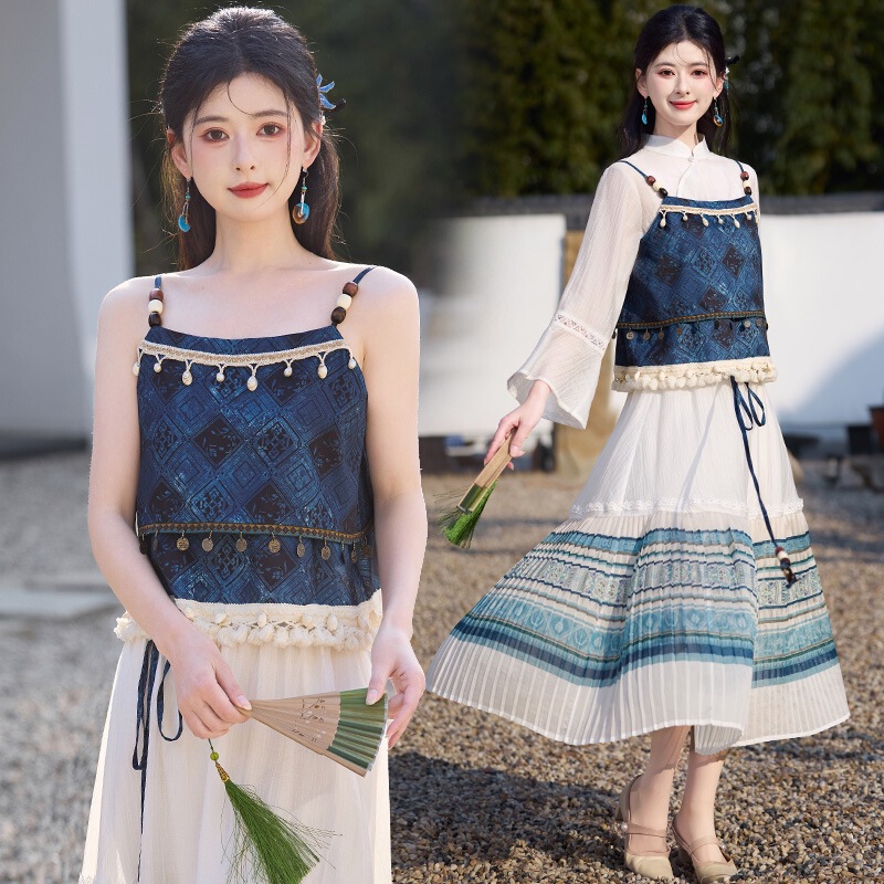 Real Shot of New Chinese Style Han Dynasty Stand-Up Collar Long-Sleeved Top Raw Edge Printed Suspender Stitching Pleated Skirt Suit Real Shot of New Chinese Style Han Dynasty Stand-Up Collar Long-Sleeved Top Raw Edge Printed Suspender Stitching Pleated Skirt Suit