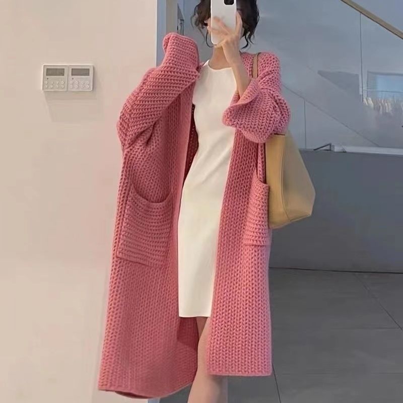 中长款粗棒针针织毛衣软糯开衫外套新款女秋冬宽松慵懒风外搭上衣|undefined