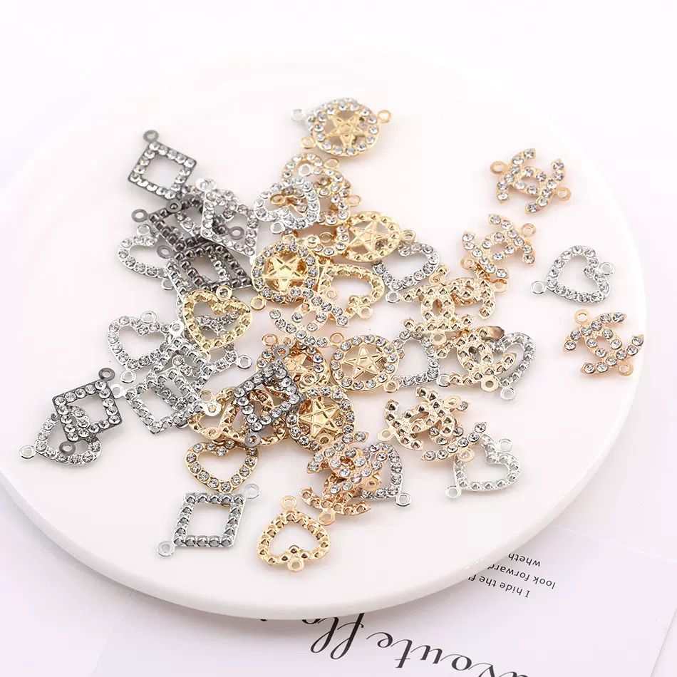 韩系精致镶钻双吊爱心星星合金吊坠 diy手工自制发饰耳饰材料配件