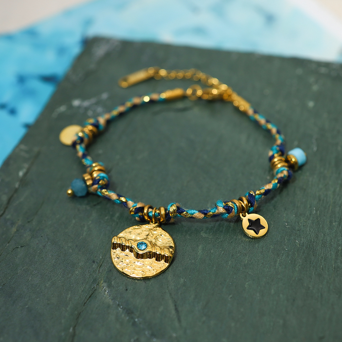 Estilo bohemio 18K Acero inoxidable knock patrón pulsera con incrustaciones de piedra natural vintage pulsera tejida pulsera de comercio exterior