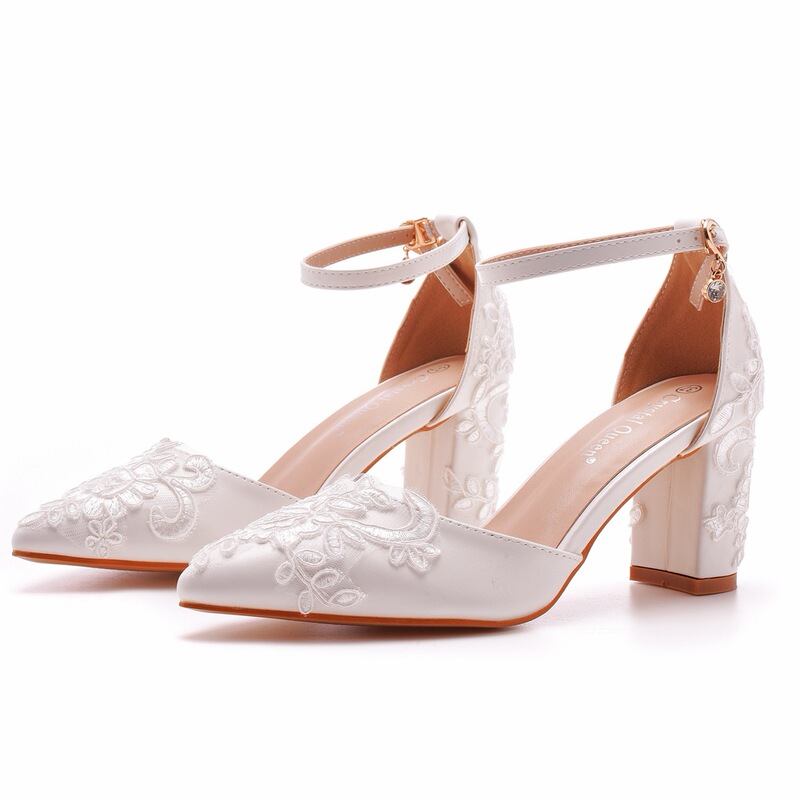 7cm Square Thick Heel Pointed Toe Hollow Sandals Spring Square Heel Shallow Women's Shoes White Lace Mesh Bridal High Heels 7cm Square Thick Heel Pointed Toe Hollow Sandals Spring Square Heel Shallow Women's Shoes White Lace Mesh Bridal High Heels