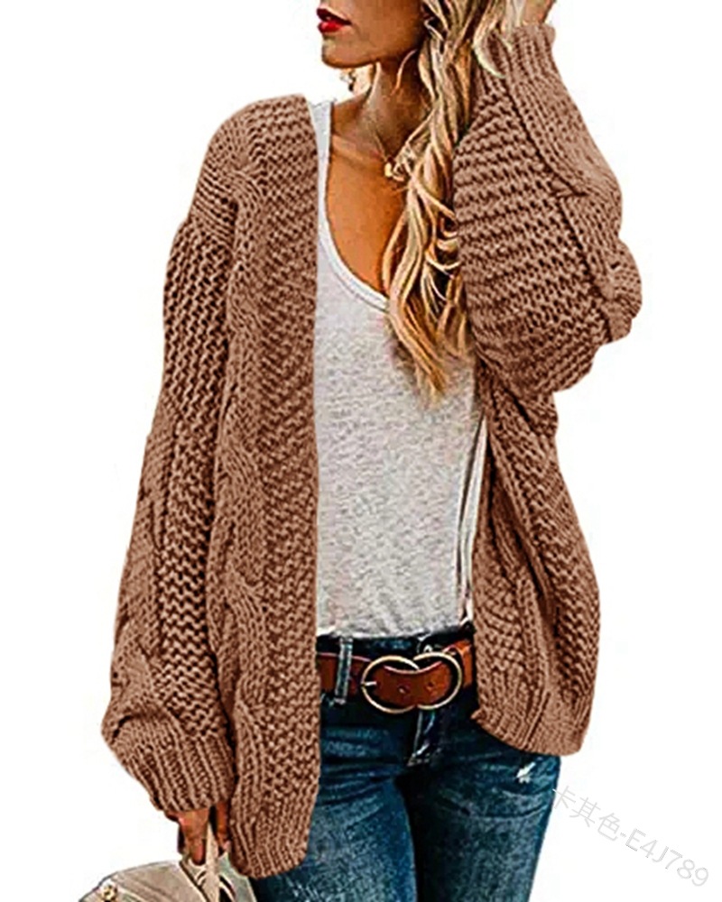 Solid Color Thick Needle Twist Knitted Mid-Length Cardigan NSJXW106946