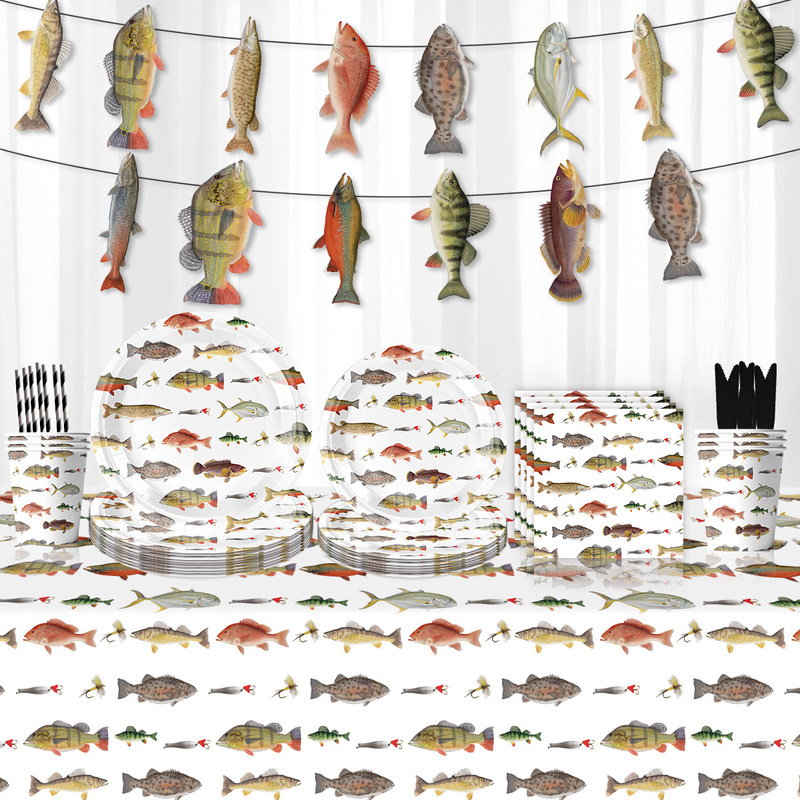 Cross-border New Fishing Theme Party Tableware Wild Fishing Disposable Tablecloth Paper Plate Paper Towel Paper Cup Decoration Cross-border New Fishing Theme Party Tableware Wild Fishing Disposable Tablecloth Paper Plate Paper Towel Paper Cup Decoration