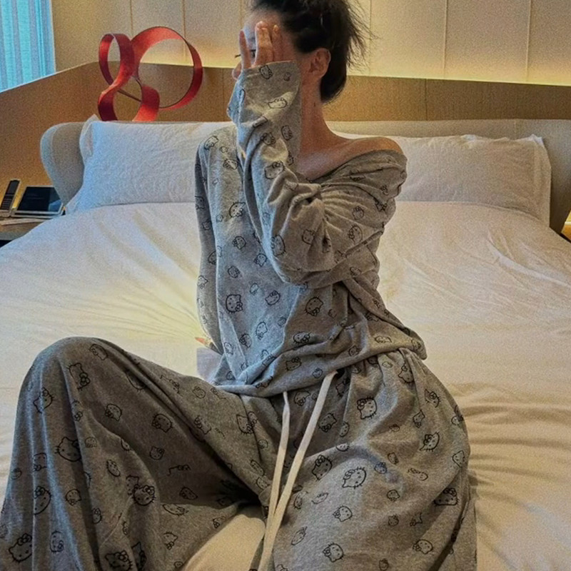 简约甜美风kitty猫印花睡衣女春秋季2025新款大码长袖长裤家居服|undefined