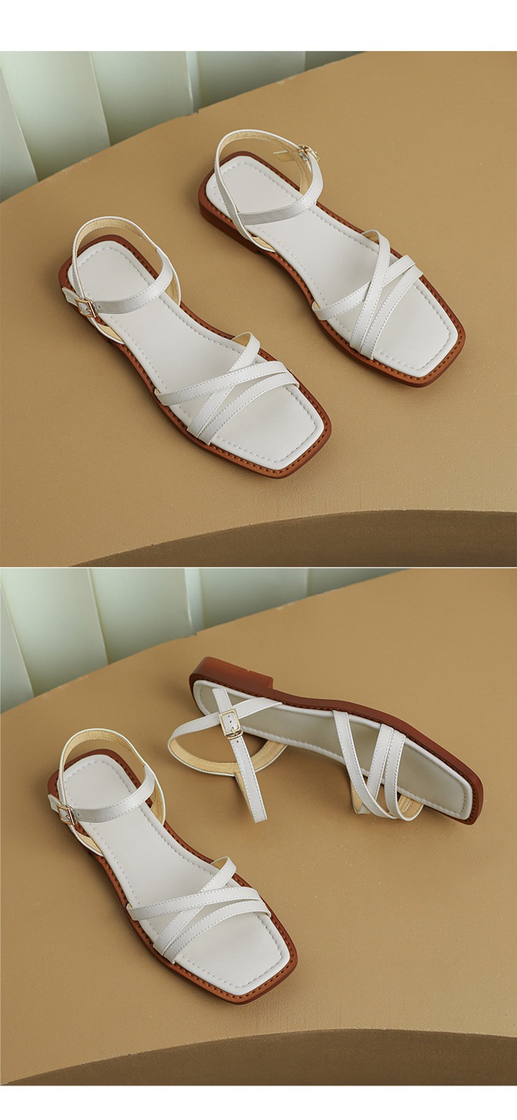 Dép sandal nữ đế bệt mũi vuông hở ngón da bò một quai khóa ngang — Màu nâu chi tiết 9