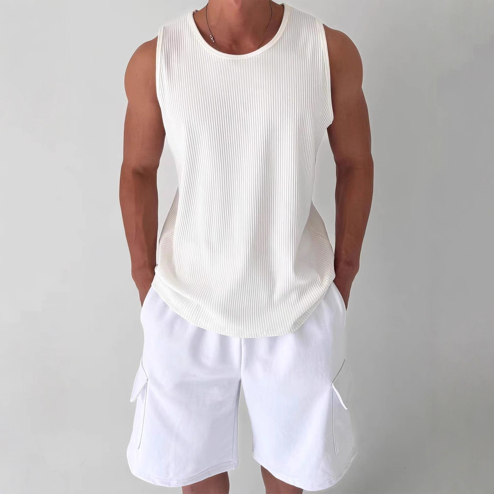 American-Style U-Neck Large Collar Vest for Men with Pleated Texture, Loose Sleeveless T-Shirt, Waffle Jacquard Knit Tank Top Trendy