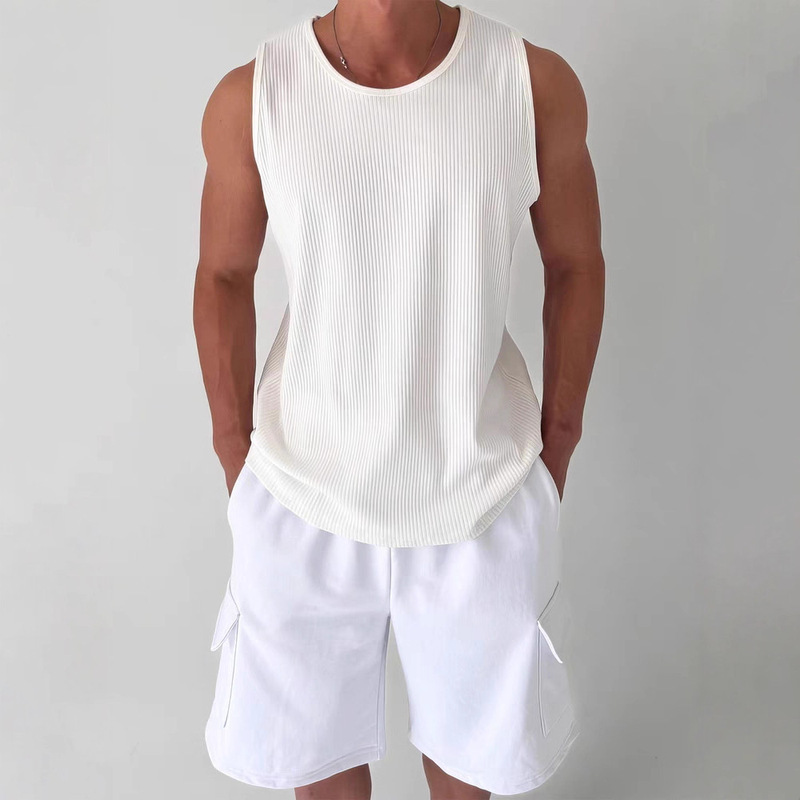 American-Style U-Neck Large Collar Vest for Men with Pleated Texture, Loose Sleeveless T-Shirt, Waffle Jacquard Knit Tank Top Trendy