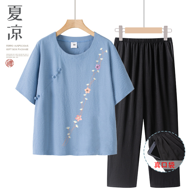 女装新款印花盘扣时尚套装妈妈新中式圆领休闲家居睡衣外穿中老年