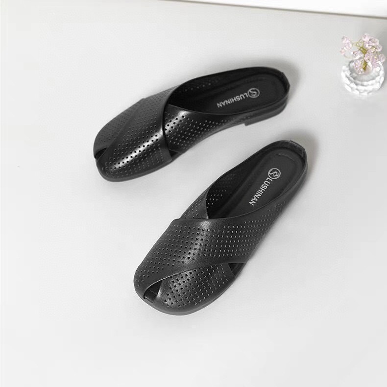 Dép sục da mềm nữ đế bằng mũi nhọn Quảng Châu — Màu đen, Màu trắng be, Màu Kaki