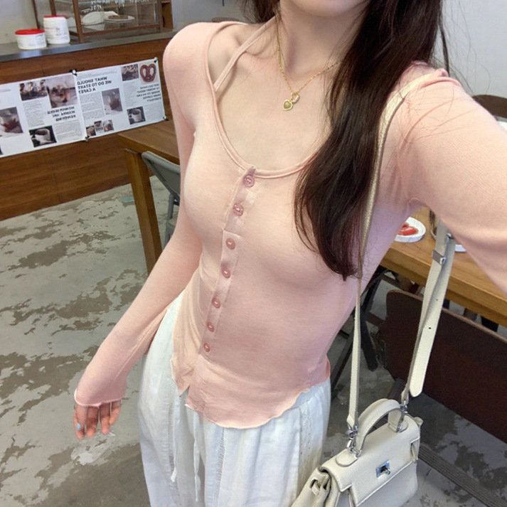Pure Desire White V-Neck Tie Halter Slim-Fit Long-Sleeve T-Shirt for Women, Early Autumn 2025, Thin and Slightly Sheer, Slimming Hot Girl Top Pure Desire White V-Neck Tie Halter Slim-Fit Long-Sleeve T-Shirt for Women, Early Autumn 2025, Thin and Slightly Sheer, Slimming Hot Girl Top