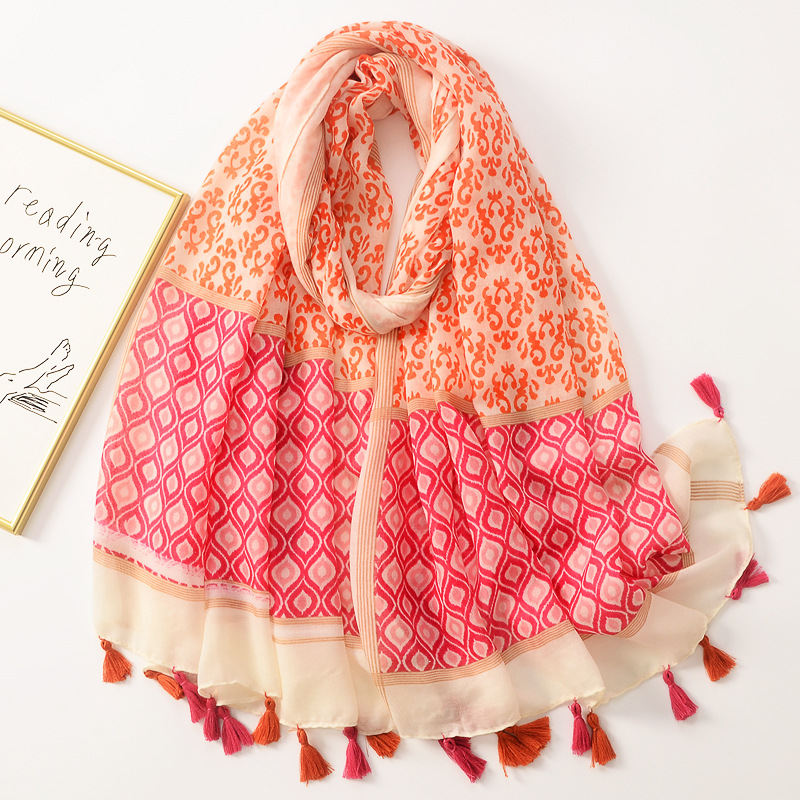Primavera retro de algodón y lino sensación bufanda geométrica costura impresión borla bufanda viaje decorativo chal Toalla de playa para las mujeres
