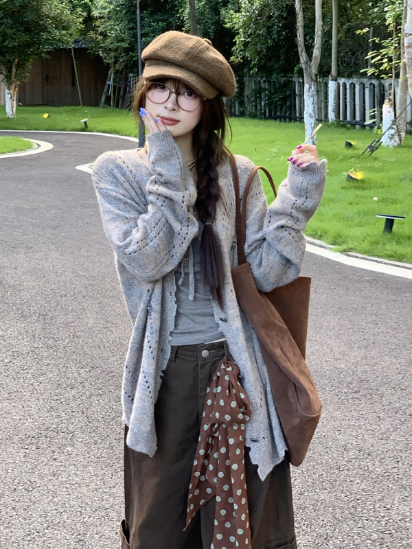 韩系灰色镂空v领针织开衫外套女2025新款早秋chic慵懒风外搭上衣|undefined