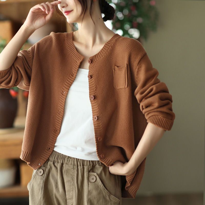 Artistic Retro Cotton Knitted Sweater Loose Solid Color Pocket Spring and Autumn Women's Fashionable All-match Casual Jacket Round Neck Artistic Retro Cotton Knitted Sweater Loose Solid Color Pocket Spring and Autumn Women's Fashionable All-match Casual Jacket Round Neck