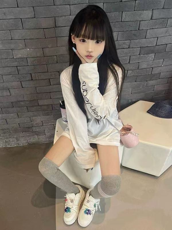 潮牌白色纯棉字母印花长袖t恤女秋季2025新款圆领宽松打底衫上衣|undefined