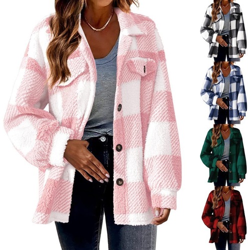 Cross-border women's clothing 2024 new Amazon autumn and winter with pockets grid lambskin jacket button plush outerwear