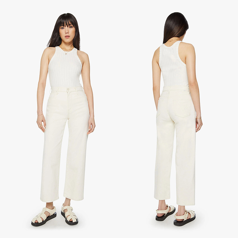 24 spring new MO high waist ring spinning cotton rice white comfortable breathable loose straight tube denim pants women
