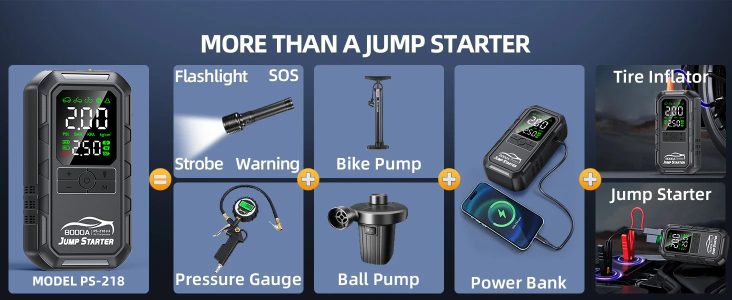 Cross-Border Car Emergency Starting Power Supply, Car-Mounted Air Pump, Multi-Functional All-In-One Device, 12V Battery, Powerful Jump Starter