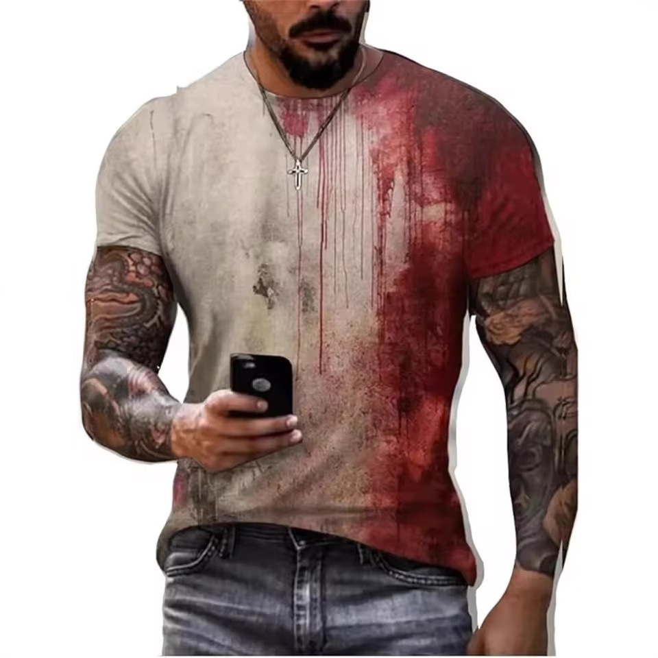 2024 venta caliente divertido eslogan manchado de sangre impresión 3D hombres personalidad de la calle suelta y transpirable camiseta de cuello redondo de manga corta