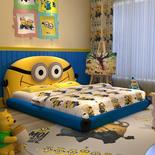 Children's Bed for Girls and Boys, Cartoon Single Bed for Kidsren. Meter with Storage. Solid Wood Economical Leather Combination Bed