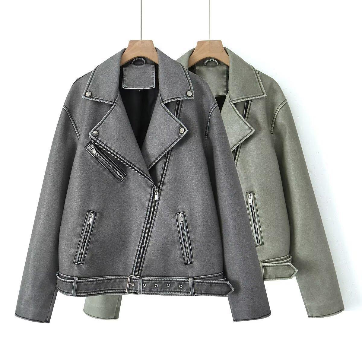 New Autumn European and American Style Washed Pu Leather Lapel Loose Large Leather Jacket Women's Top A25-11178