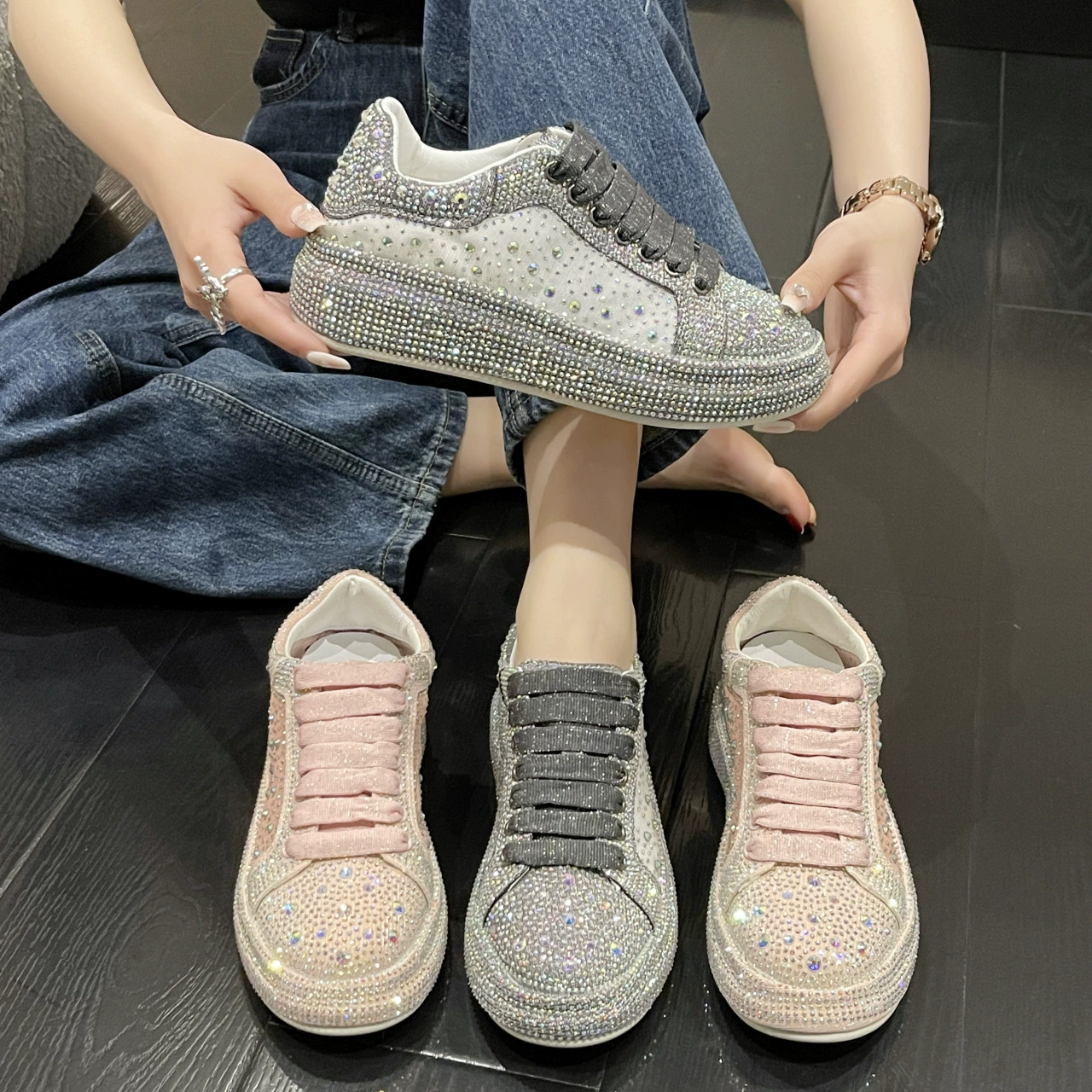 European Station Star Full Diamond White Shoes Женские новые туфли со стразами 2023 г. Сетчатая дышащая удобная спортивная обувь для женщин