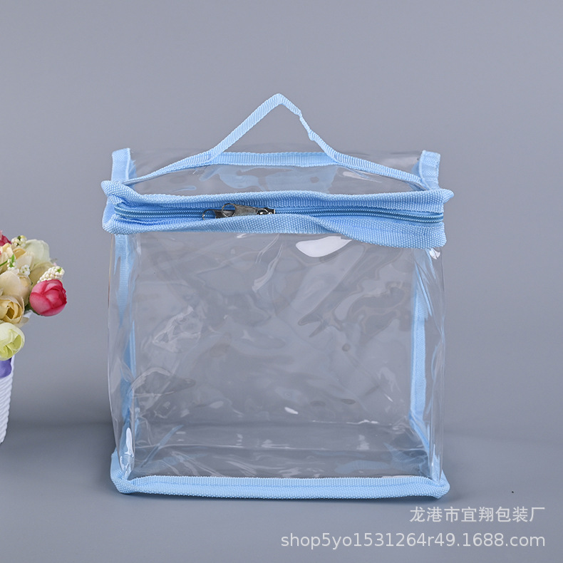 彩印PVC塑料手提袋化妆品包装袋透明防尘车缝拉链袋子定 制批发