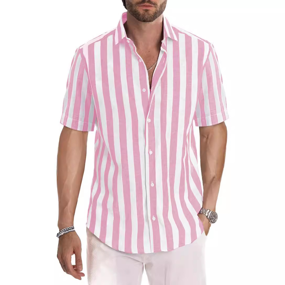 Monochrome Man – Grenzüberschreitendes Sommerhemd für Herren im europäischen und amerikanischen Stil: Strand, Freizeit, Sport, gestreift, Kurzarm, Umlegekragen_voghion.com
