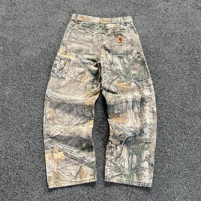 Cross-border Y2K Harajuku Camouflage Printed Washed Jeans Men's Straight-leg Loosen Pants Street Trendy Hip-hop Jeans