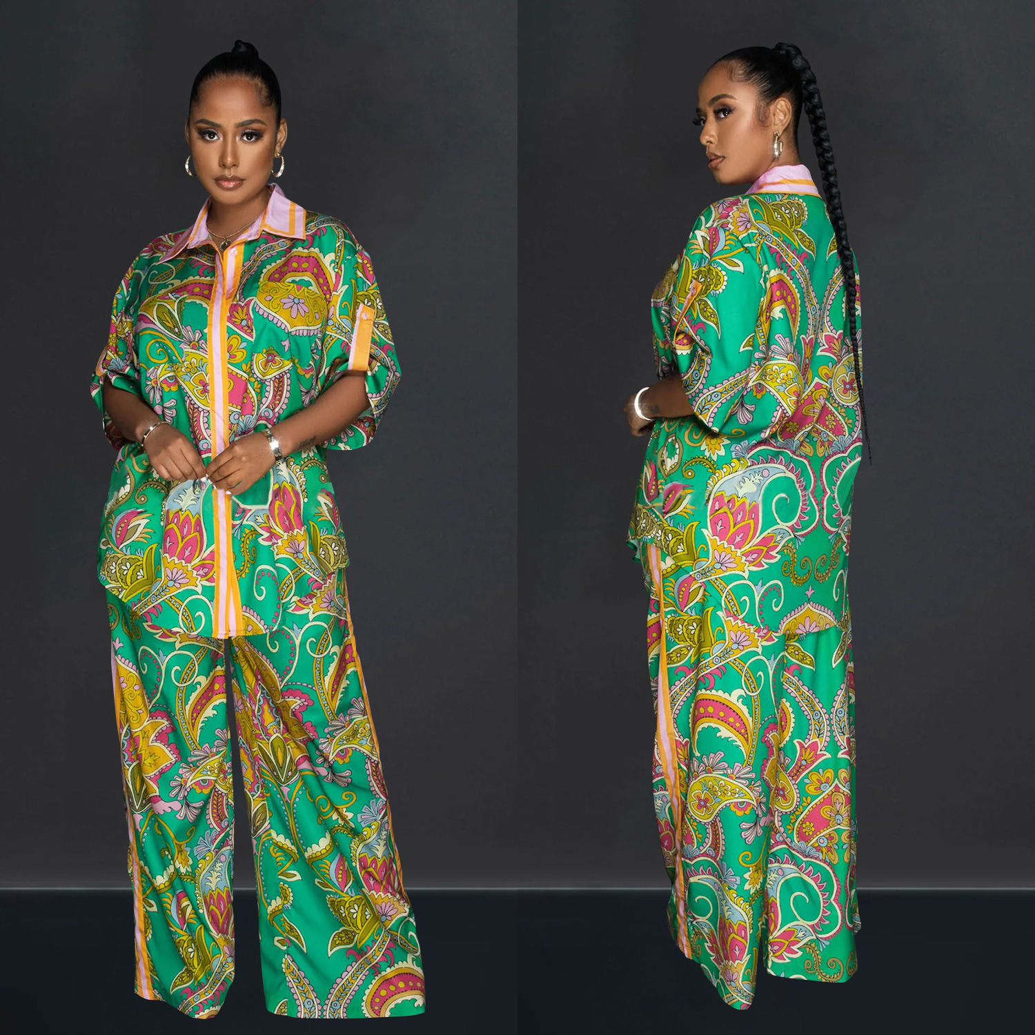 C6618 transfronterizo AliExpress Amazon ropa de mujer de moda europea y americana camisa impresa francesa pantalones de manga corta conjunto de dos piezas image 3