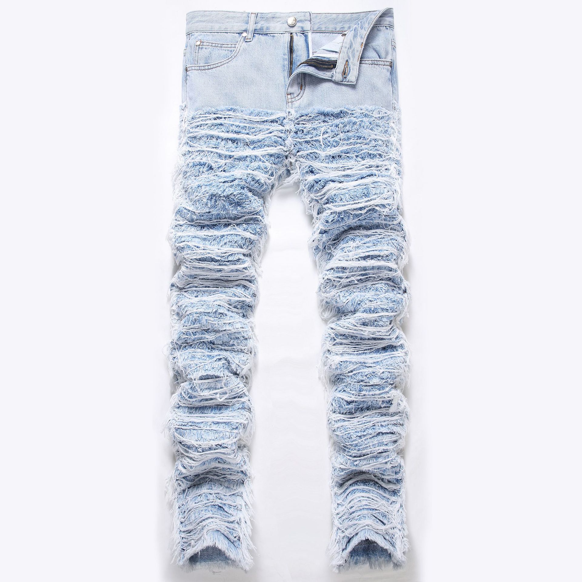 Herenkleding, trendy heavy duty gestapelde losse broek met kwastjes geborduurd gesneden haar en snor losse zoom jeans voor heren_voghion.com
