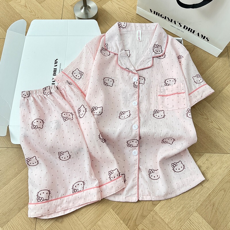 Soft and cute Hello Kitty girls' pajamas, cloud cotton, thin short-sleeved shorts, suitable for older children and students, can be worn as home clothes
