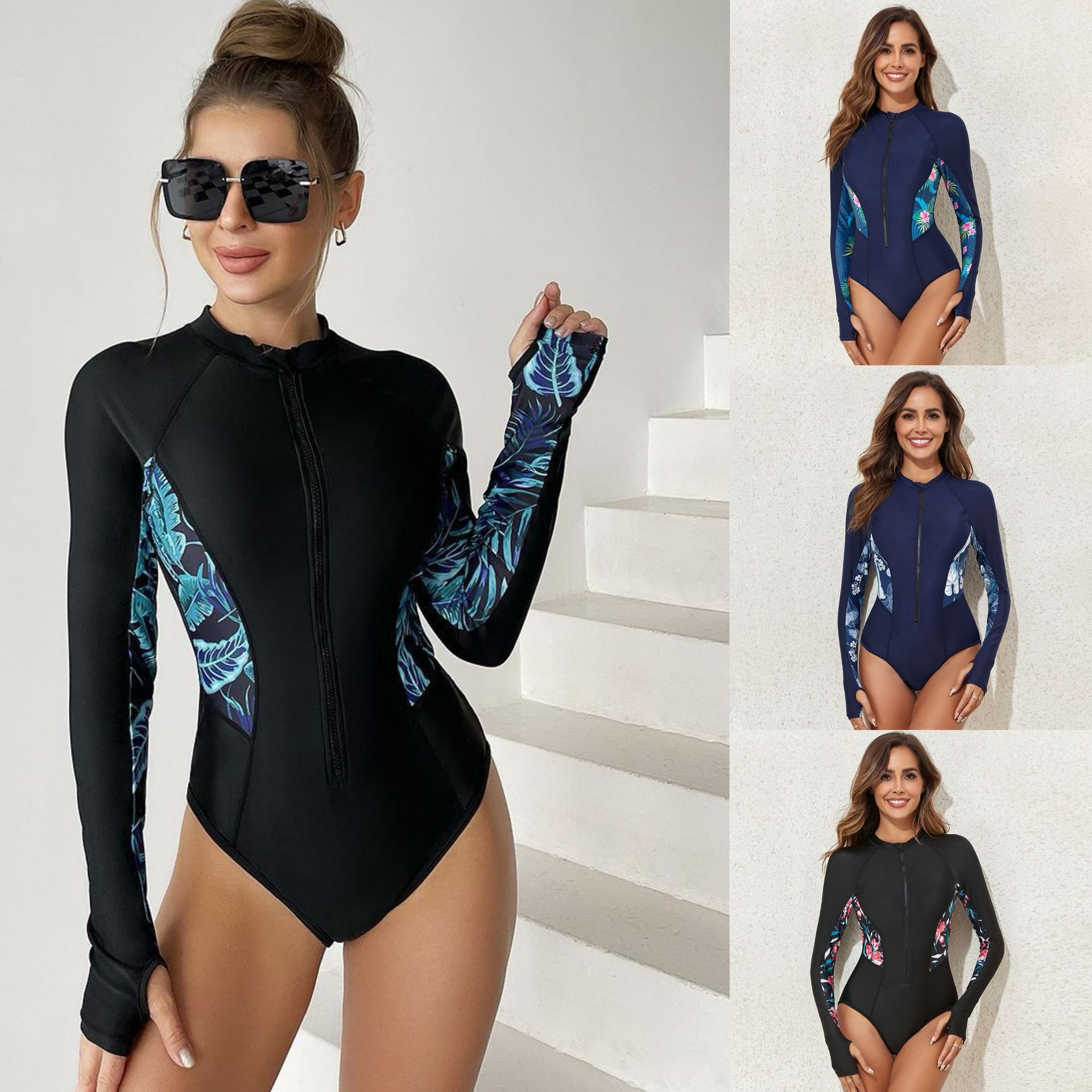 New One-Piece Zipper Sports Swimsuit Women's Long-Sleeved Surfing Swimsuit Sun Protection Surfing Suit Triangle European and American Swimsuit