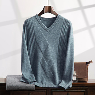 Autumn and Winter V-Neck Men's Pullover Base Shirt Jacquard Sweater Men's Middle-aged Thickened Cashmere Sweater plus size Loose Collar