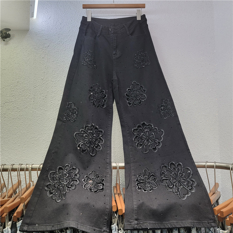 Pantalones Vaqueros Rectos con Bordado y Pedrería para Mujer Mezclilla Elástica Corte Recto Cintura Media