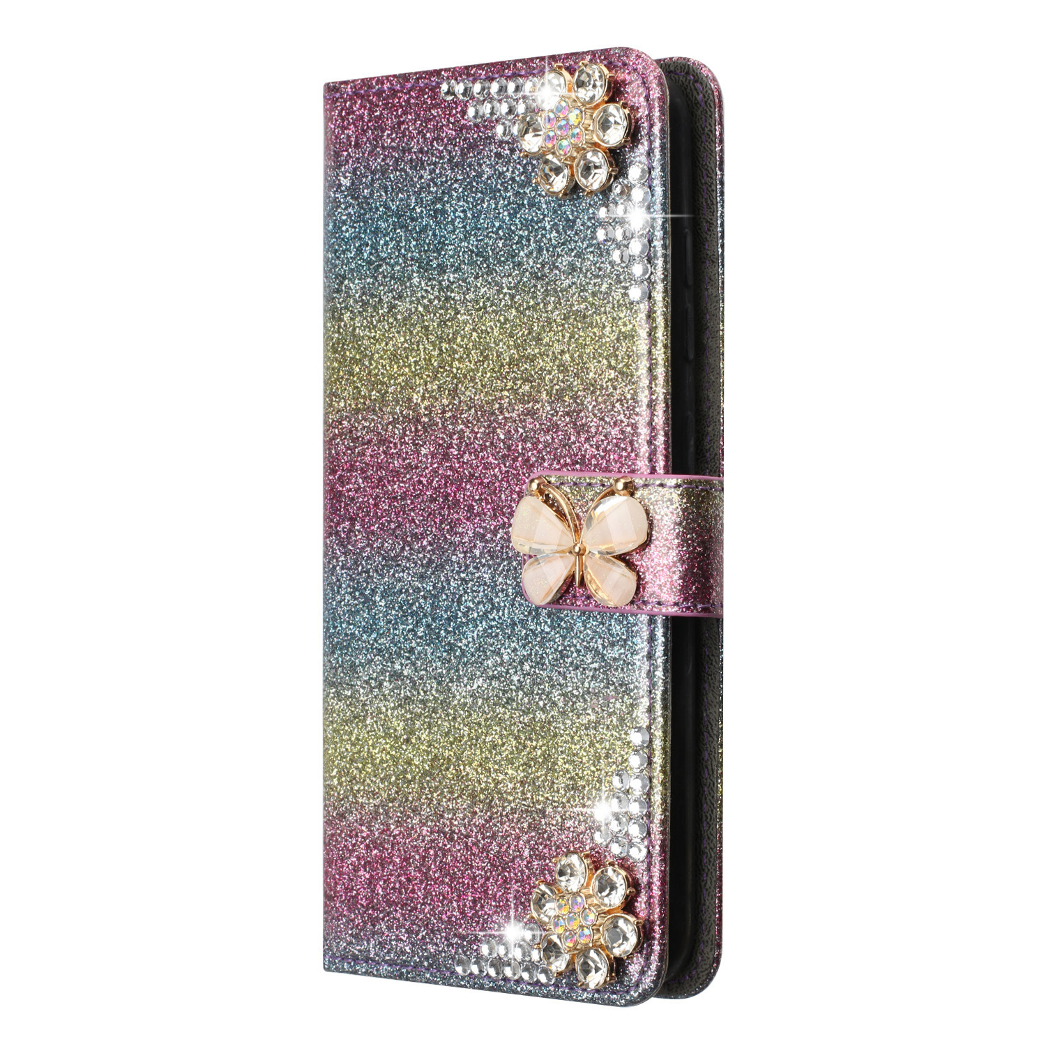 Suitable for iPhone 14PROMAX butterfly studded sparkling diamond Samsung S23U luxury flip cover leather case_voghion.com