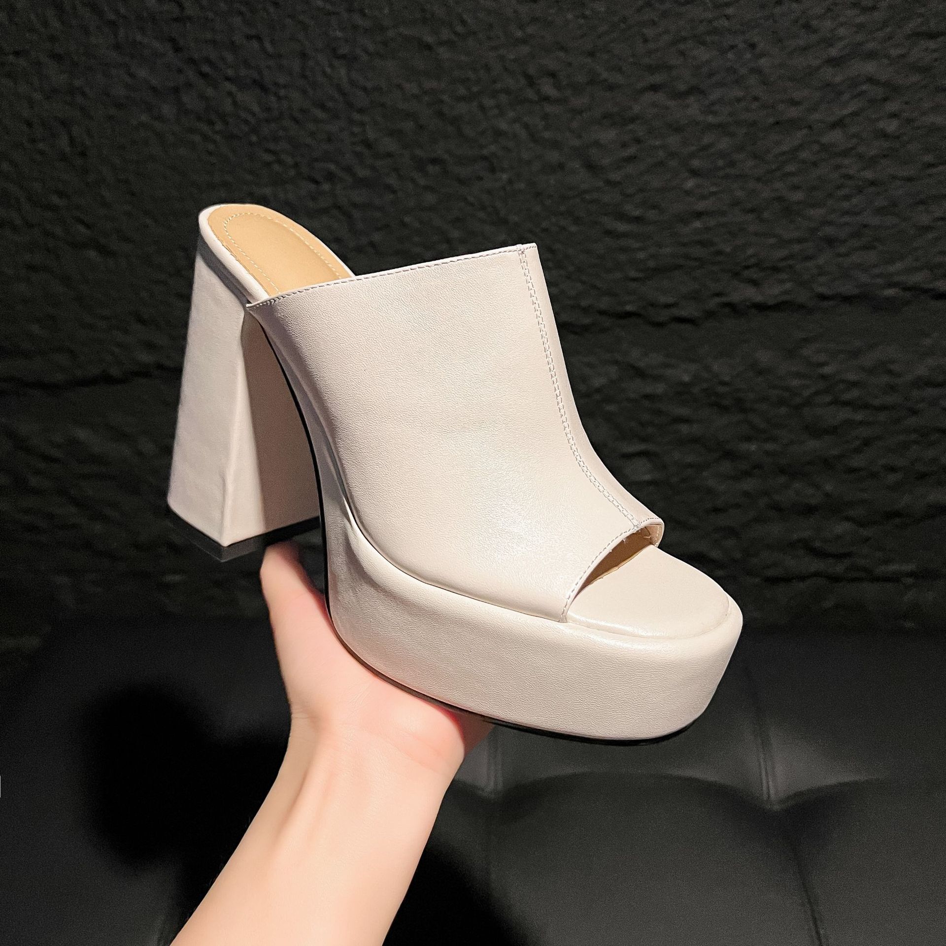 Sandal cao gót nữ mũi hở đế platform da bò thật gót siêu cao 12 cm — màu đen, màu trắng ngà