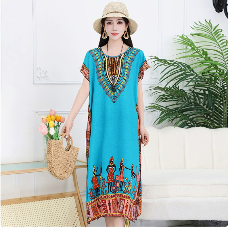Thai Mid-Length Loose Casual Plus-Size Dress That Covers the Body, Suitable for the Beach, Made of Cotton Silk Thai Mid-Length Loose Casual Plus-Size Dress That Covers the Body, Suitable for the Beach, Made of Cotton Silk