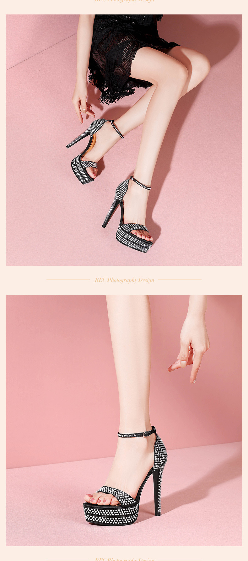 Sandal cao gót nữ đính đá phong cách châu Âu, đế dày platform, gót siêu cao 12 cm — Màu đen chi tiết 10