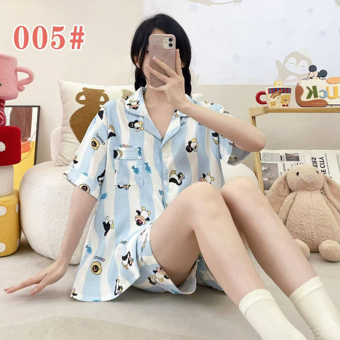 クラウドコットンパジャマ女性の夏の半袖ショーツカーディガンラペルルーズ外国貿易ライブブロードキャストルーズクロスボーダーホーム服|undefined