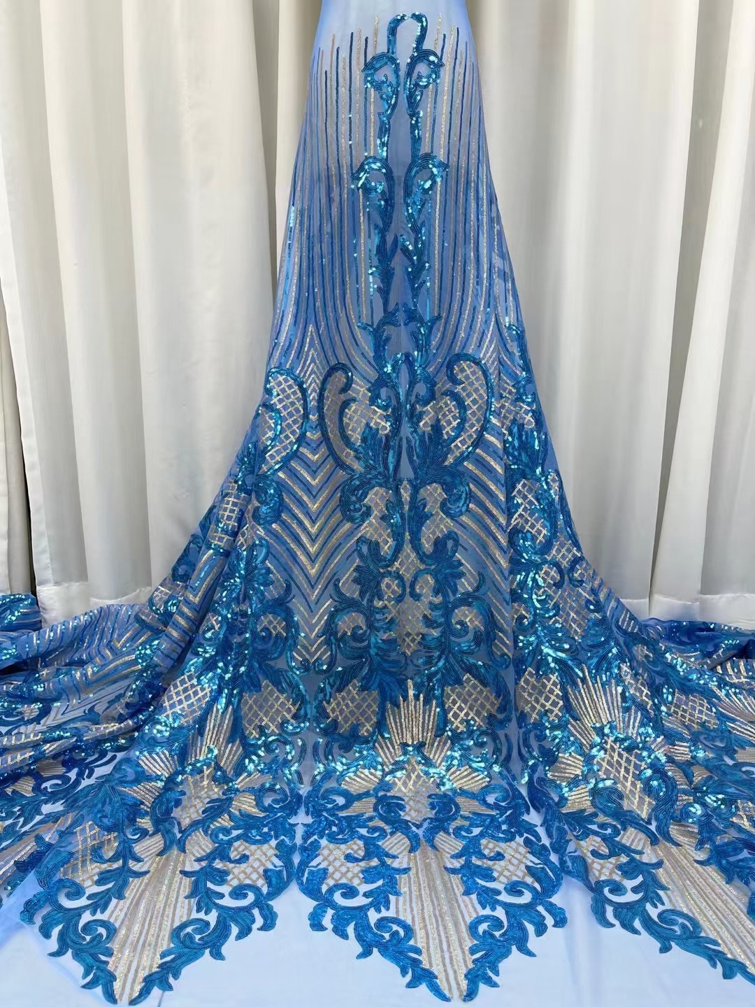Lentejuelas tela de encaje africano europeo y americano vestido de novia moda bordado tela de encaje de lentejuelas JX1296