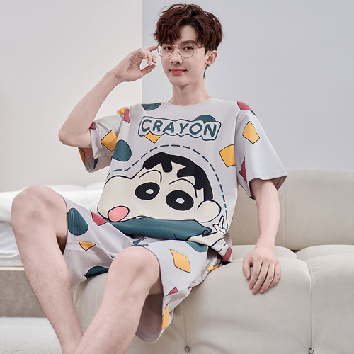 Men's Cotton Short-Sleeve Summer Thin Cartoon Student Summer Plus-Size Teenager 100% Cotton Homecoming Suit Set