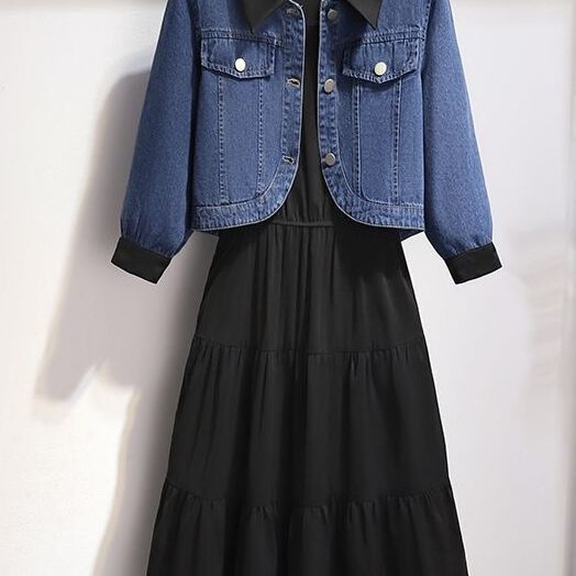 Early Spring 2026 New Denim Jacket Paired with a Chanel-Style Dress Two-Piece Set Black Tank Dress for Summer