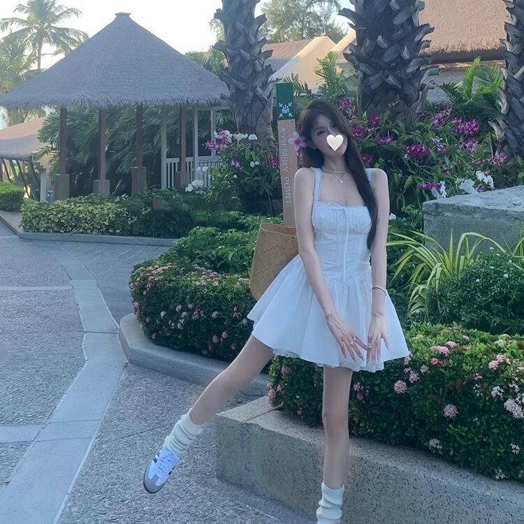 140g Four-Way Stretch + Lining + One-Piece [Spring Little White Dress] Suspender Dress New Waist-Cinching First Love