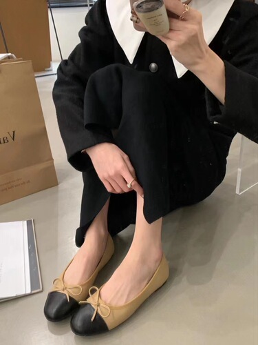 new style small fragrant style color matching bow flat ballet shoes for women versatile round toe small fragrant shoes shallow mouth single shoes