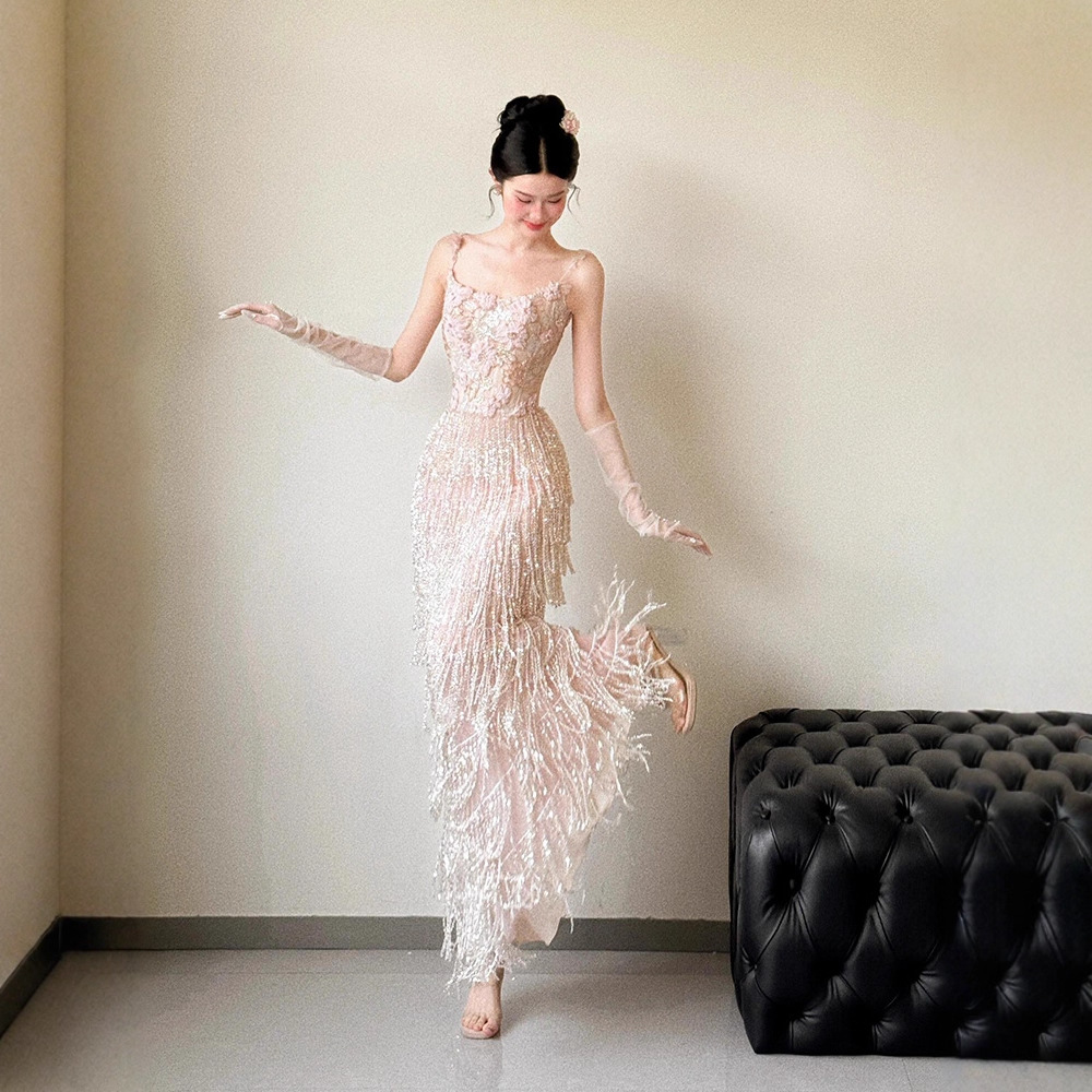 Strapless Evening Gown for Women 2026 New Style High-End Luxury Heavy-Duty Tassel Host Wedding Toast Dress Long Style