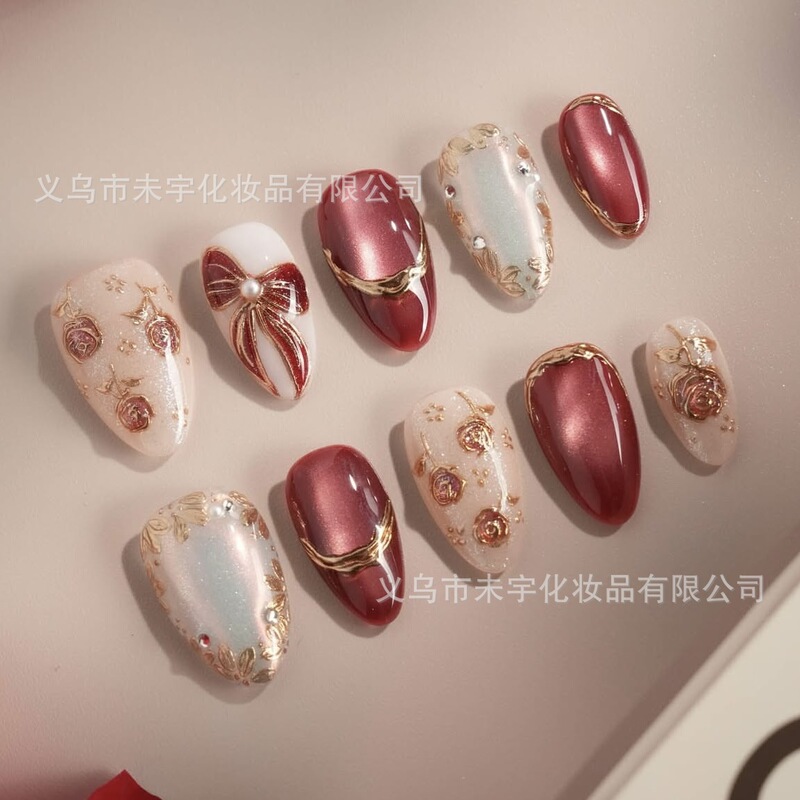 Valentine's Day Gilt Bow Almond Sparkling Cat Eye Wearable Nails High Quality European and American Hot Selling Nail Patches